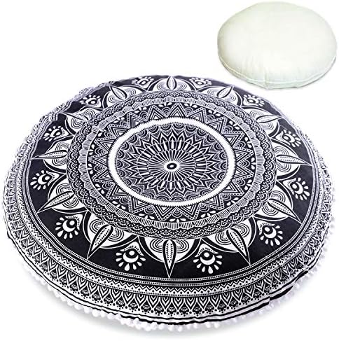 Mandala Life ART Bohemian Yoga Decor Floor Cushion Cover - Insert Included - Round Medition Pillow Case - Hand Printed Organic Cotton Pouf (Black)