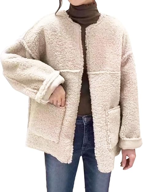 Amazon スカイシイ ボアコート ボアジャケット 韓国 防寒 ドロップショルダー コート ジャケット 厚手 もこもこ ゆったり カジュアル アウター 可愛い くすみカラー ボリューム袖 ふわふわ 保温 ボアブルゾン 長袖 ラフレディース ファッション ポケット ミドル丈