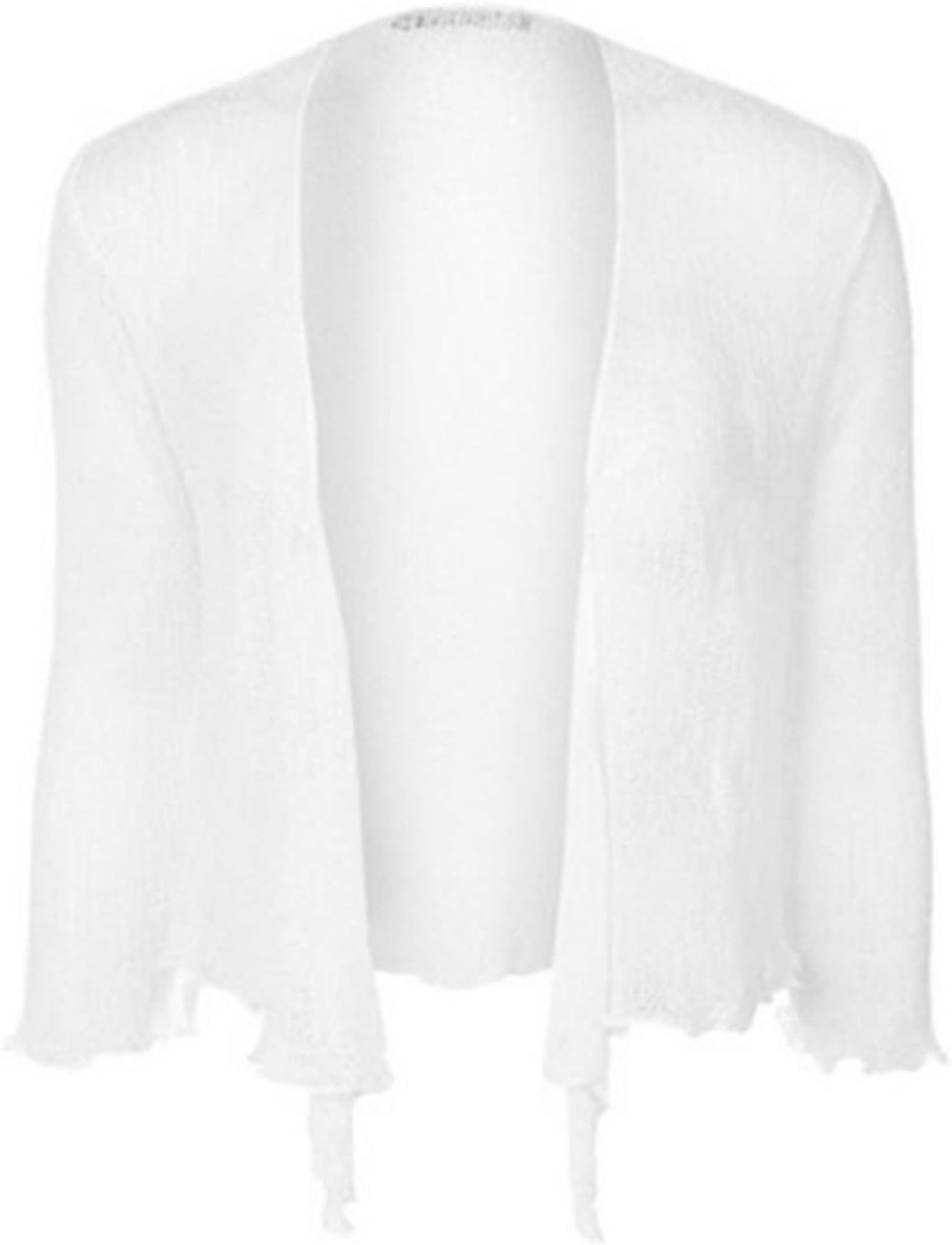 Women Ladies Girls Cropped Bolero UK Standard One Free Plus Size Stretchy Tie Up 3/4 Sleeve Front Fine Knit Shrug Top (White)