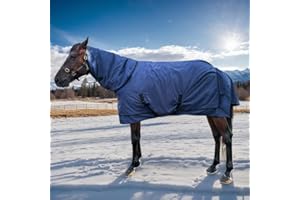 ZRSCHYG Winter Horse Blanket with Neck Cover for Real Horses | Horse Turnout Blanket | Open Front with 2 Buckles | 1200 Denier 220g (Navy Blue, 82'')