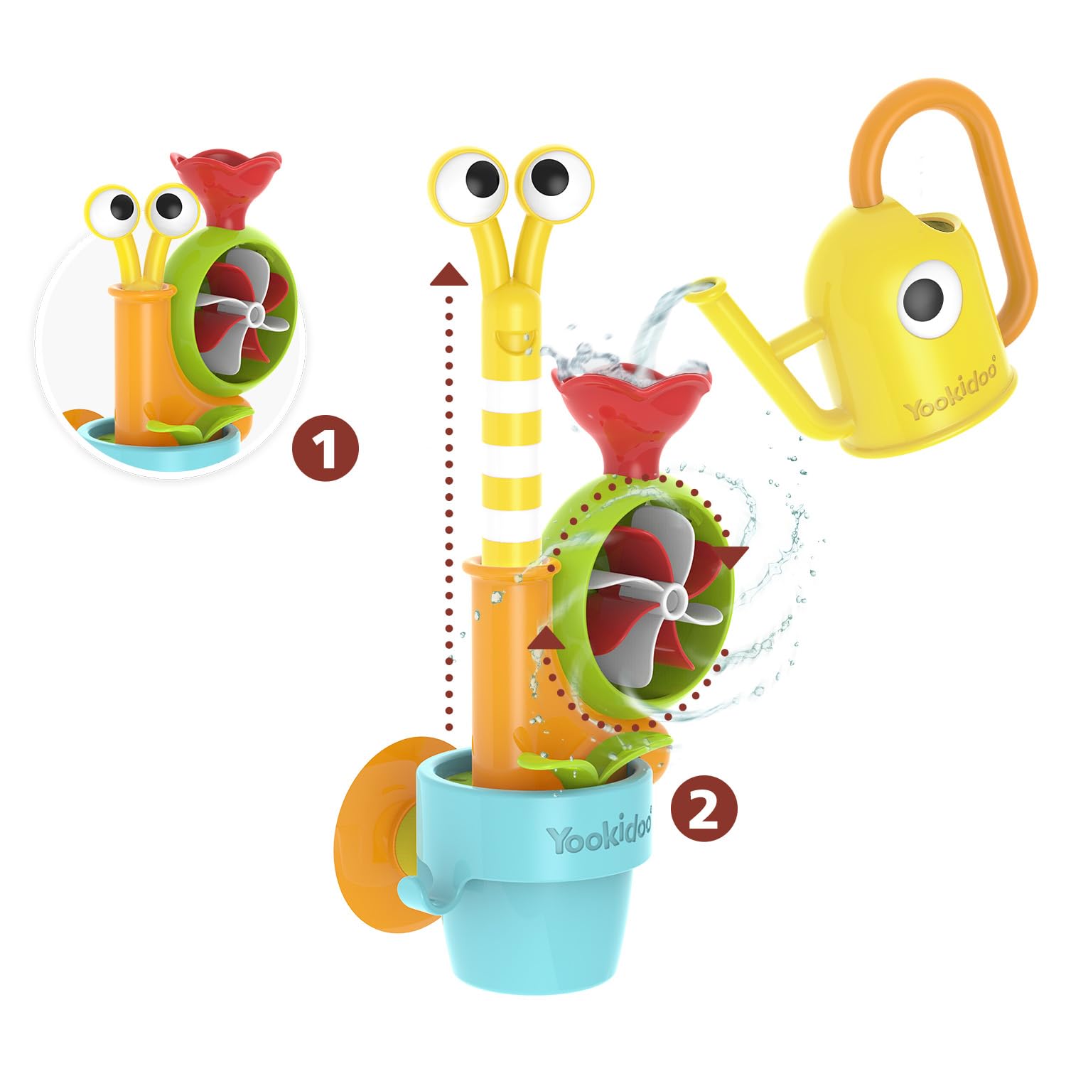 Yookidoo Toddler Baby Bath Toy (Ages 1-3) Garden Adventure Set Bundle: Snail & Flower with Watering Can (Mold Free) Attach to Any Tub or Shower Fun for Bath Time - Great for Boys , Girls , & Kids
