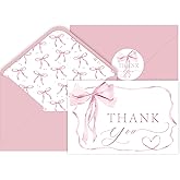 SMUAENSS 24 Pack Pink Bow Thank You Cards, Bowknot Bridal Shower Greeting Card with Envelopes and Stickers for Birthday Wedding Baby Shower Party Supplies