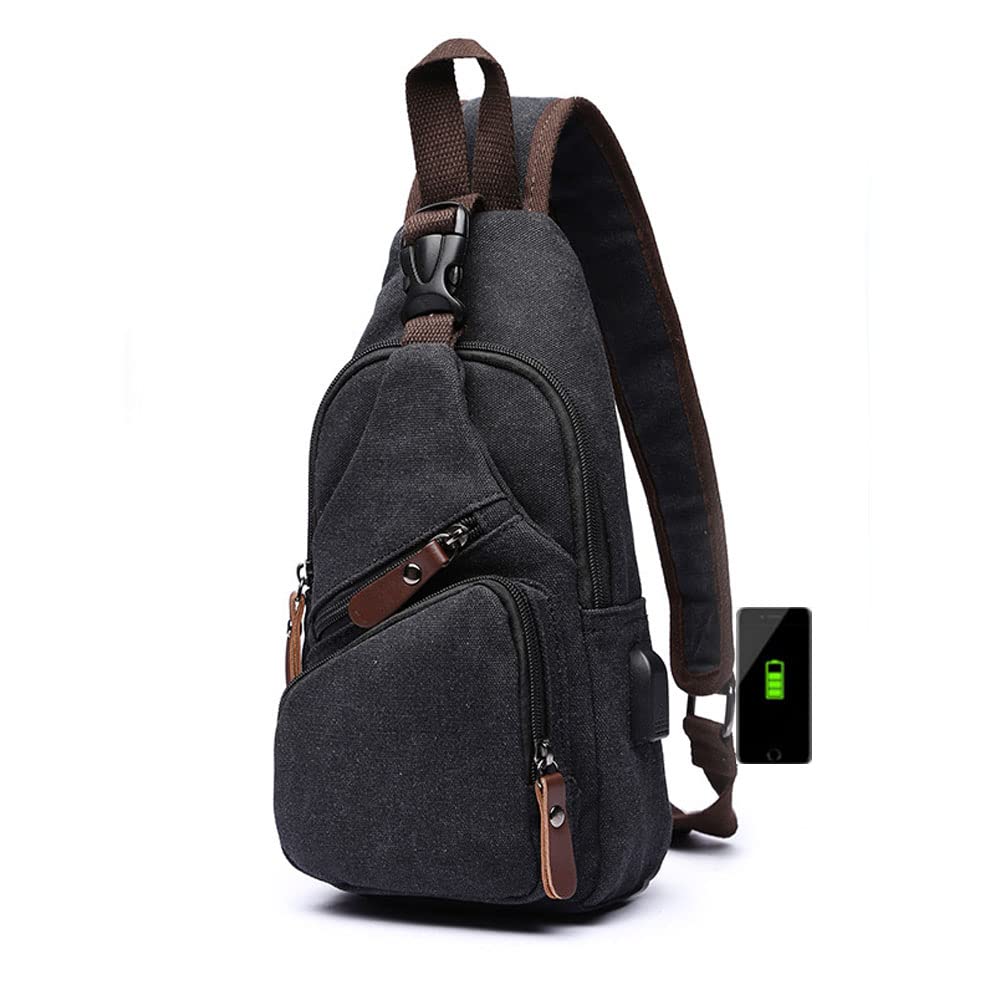 SCOFY FASHION Anti-Theft Sling Chest Bag with USB Charging Men's Waterproof Canvas Travel Shoulder Bag CrossbodyTravel Hiking Camping Cycling Purse Backpack (Black)
