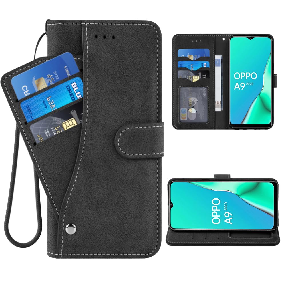 ELISORLI Phone Cover for OPPO A9 2020/A5 2020/A11/A11x Wallet Case Wrist Strap Slot Mobile Magnetic Leather Credit Card Holder Folio Purse Protective Stand Cell Accessories 5A 9A Girls Women Black
