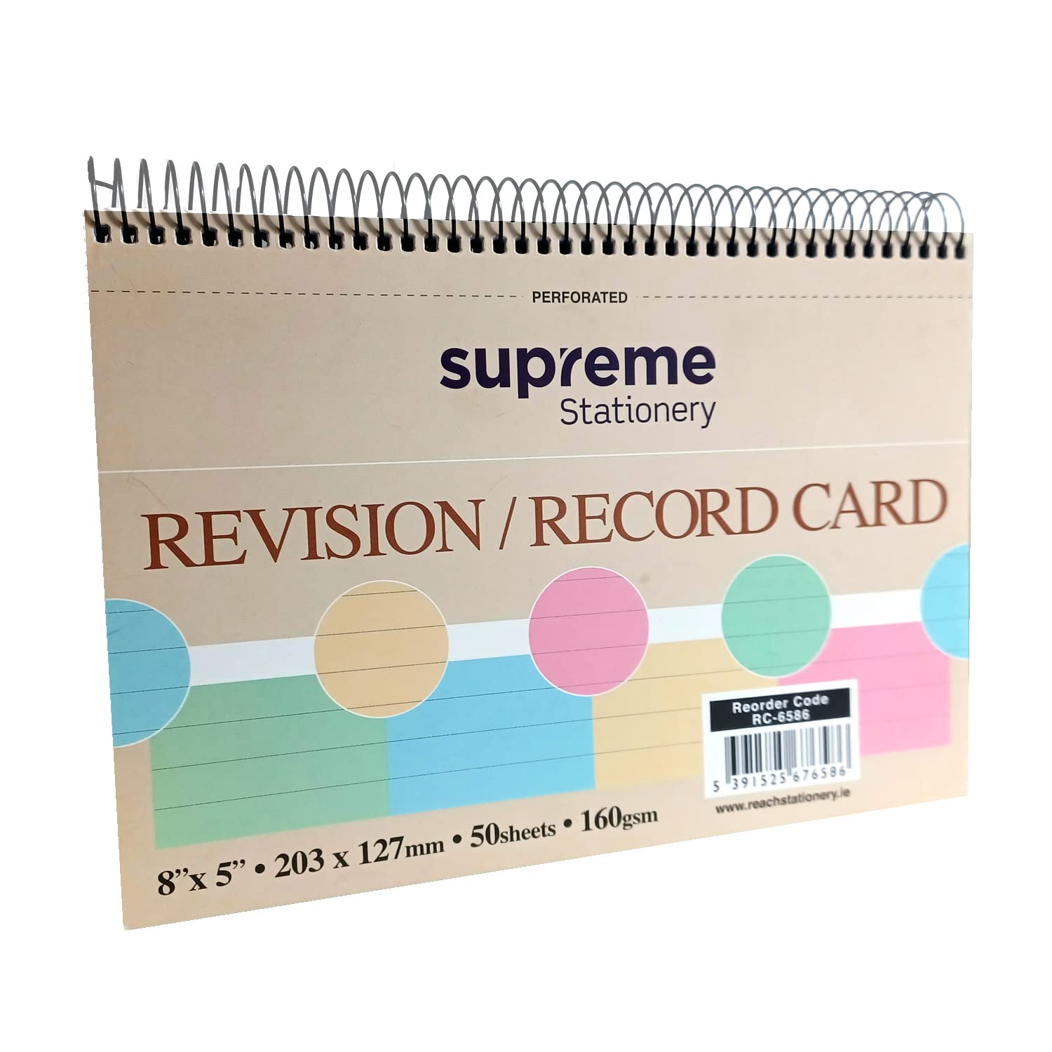 Record Ruled Card Perforated 160gsm 50 Colour Sheets - 8" x 5" Spiral Revision Cards - Pack of 3