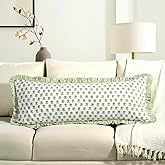 CPC Lotus Meadow Hand Block Print 100% Cotton Ruffle Throw Pillow Cover 14x36 inch with Hidden Zipper Decorative for Couch, Bed, Sofa, Farmhouse, Cottagecore Decor Gift Christmas Fall Thanksgiving