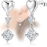 Sterling Sliver Heart Stud Earrings with Sparkling Cubic Zirconia Dangle for Women Lightweight Trendy Earring for Sensitive Ears