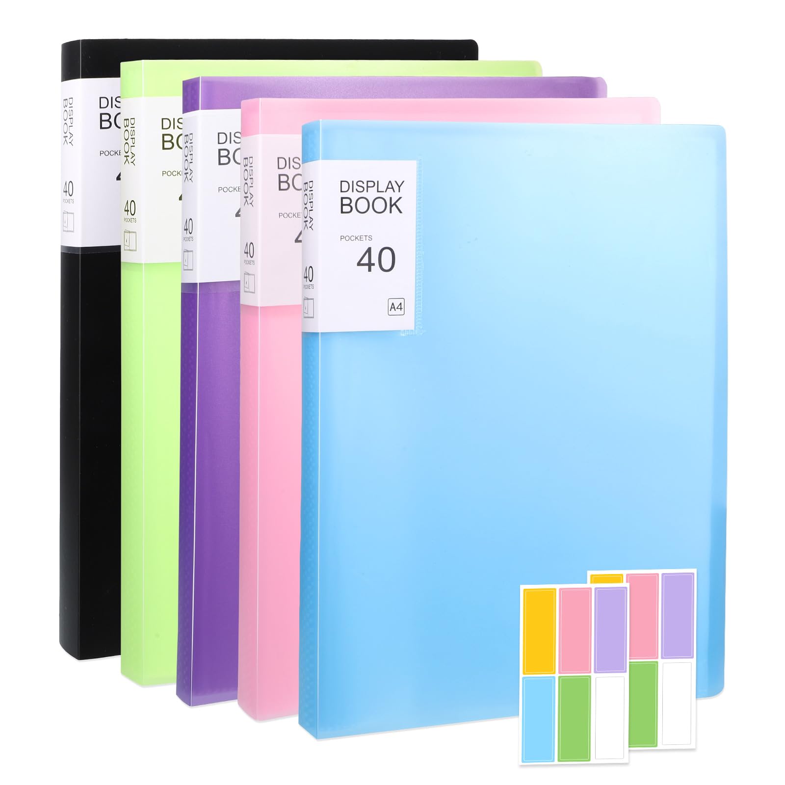 5 Pcs A4 Display Folders, Total 200 Pockets A4 Display Book Folder with Stickers, Plastic Sleeves and Pockets Presentation Folders Document Project Folder for School and Offices