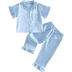 Kuriozud Toddler Girl Satin Pajama Set Bow Ruffled Button Tops And Pants | Toddler Baby Ruffle Short Sleeve Or Long Sleeve Bo