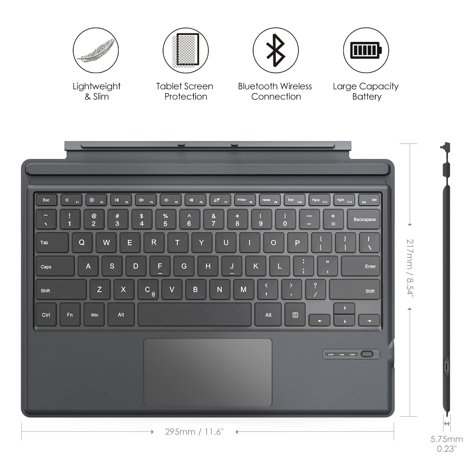 MoKo Type Cover Compatible for Microsoft Surface Pro 7 Plus/Pro 7 / Pro 6 / Pro 5 / Pro 4 /Pro 3, Lightweight Slim Wireless Bluetooth Keyboard with Touchpad and Built-in Rechargeable Battery, Gray