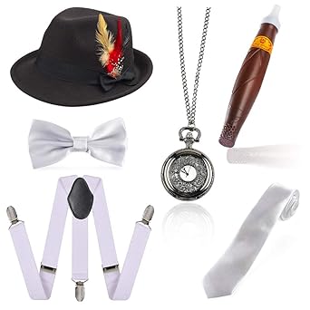 Beelittle 1920er Jahre Mens Gatsby Zubehör Set Trilby Manhattan Fedora Hut, Y-Rücken Hosenträger, Gangster Krawatten, Puff Zi