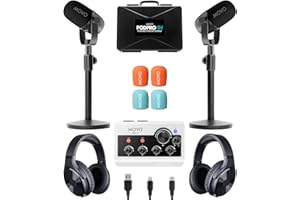 Movo Portable Podcast Equipment Bundle for iPhone/Android Phones- Podcast Kit with Audio Interface, 2 CastMic Dynamic Mics, 2 Table Stands - For Smartphones, Computers, PC, Mac - Lightning, USB, USB-C