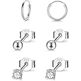 EPIRORA Sterling Silver Stud Earrings Small Cartilage Hoop Earrings for Women Men- 3 Pairs of Hypoallergenic Tiny 3mm Cubic Zirconia Round Ball Earrings & 10mm/12mm Cartilage Earring Hoops