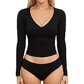 MANGOPOP Women's V Neck Long Sleeve Fitted T-Shirt