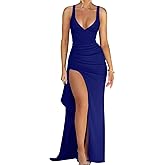 Memoriesea Women's Sexy Plunge Neckline Bodycon Ruched High Slit Party Maxi Dress