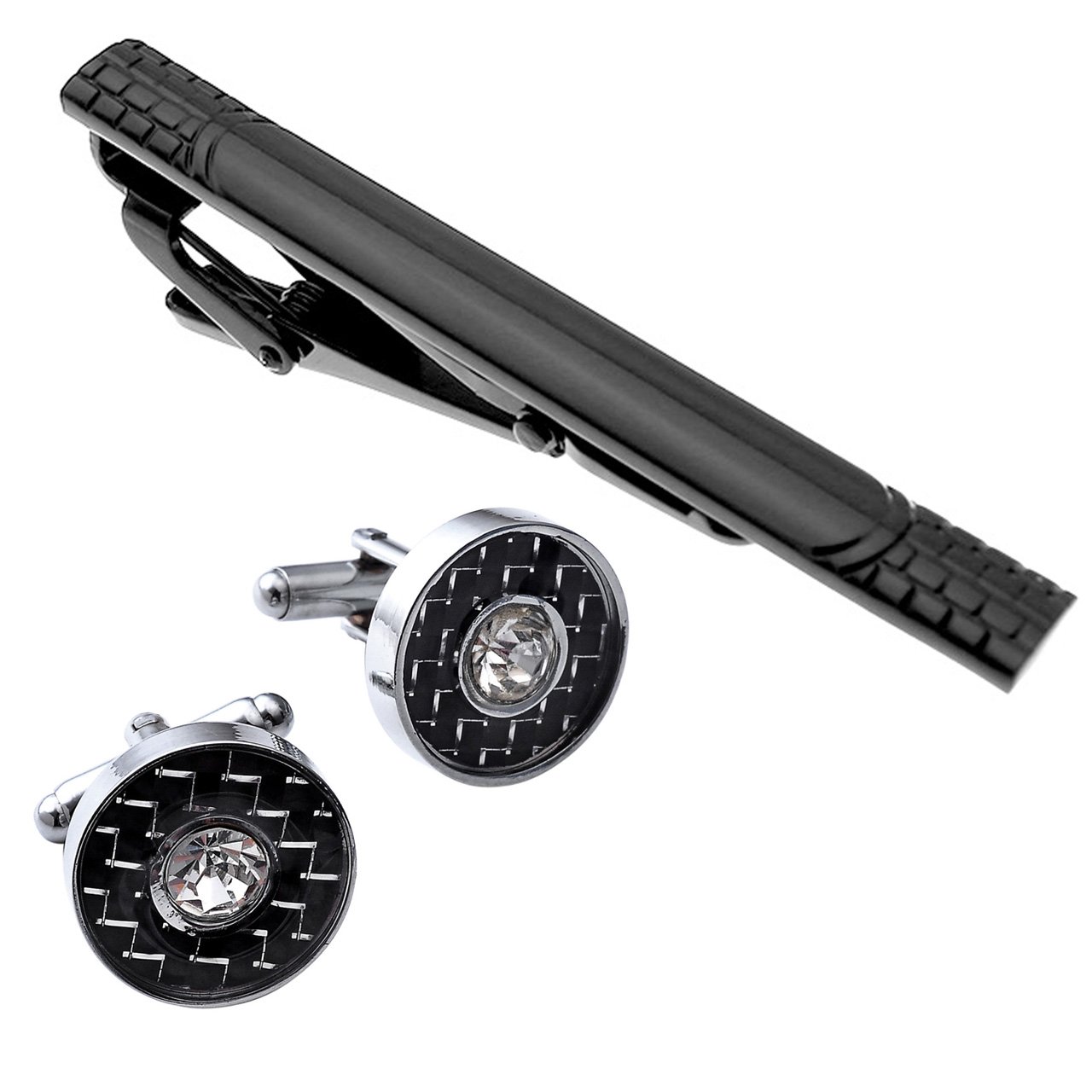 PiercingJ - Paire Boutons De Manchette Tchèque Strass + Epingle Pinces a Cravate Chemise Clip Tie Mariage Business Acier Inoxydable Elegant Delicat Cadeau Classique Noir Homme