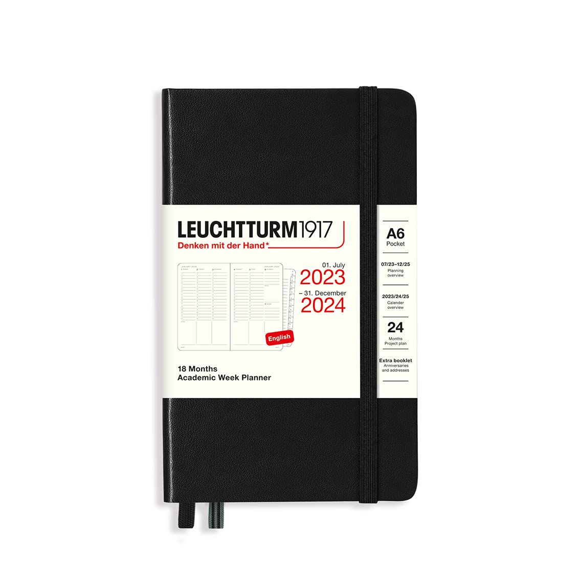LEUCHTTURM1917 367559 Academic Weekly Planner Pocket (A6) 2024, 18 Months, Black, English