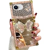 AuroiCYY for iPhone 16e (2025) Butterfly Kickstand Case, Glitter Bling Foldable Stand Woman Girly Mirror Back Golden Plated Shockproof Protective Elegant Cute Soft Cover (Pink)