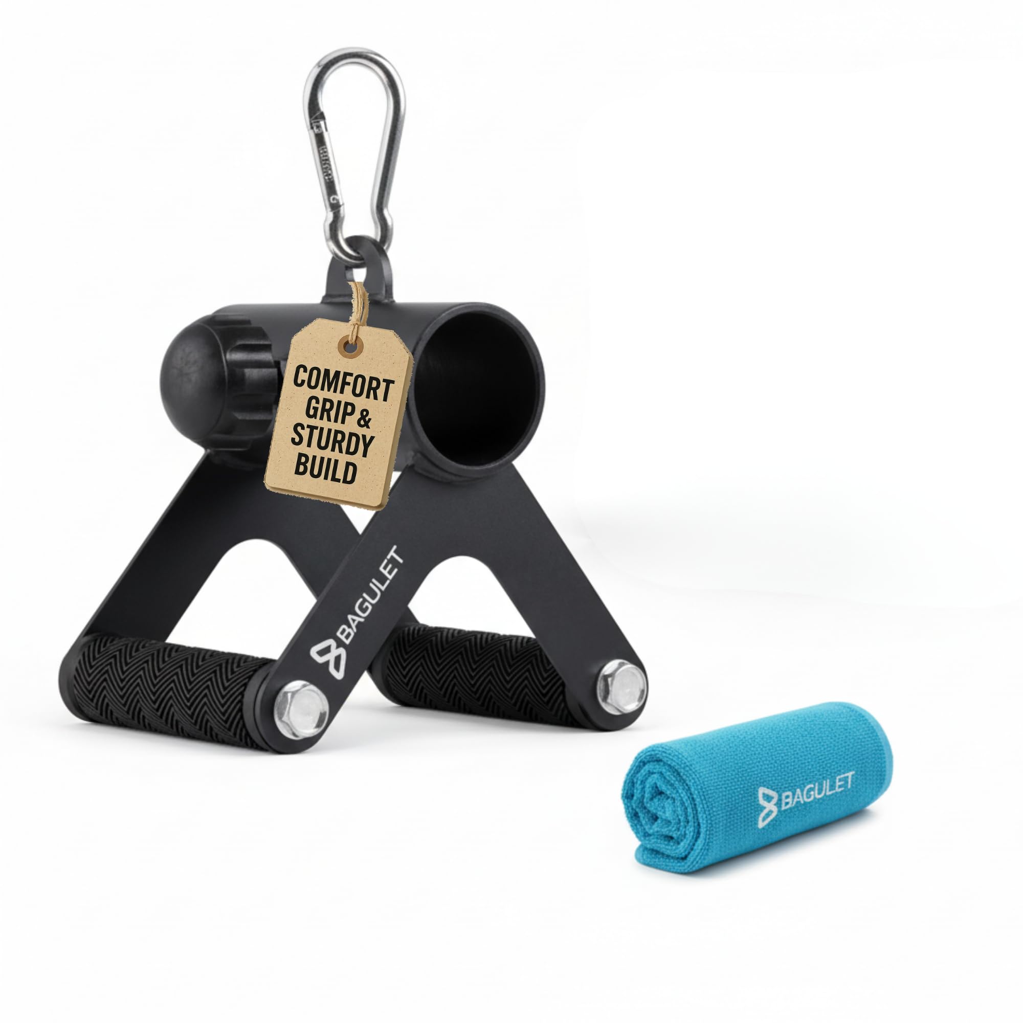 Bagulet V Bar Attachment: Row Machine, LAT Pulldown, Landmine Handle, Soft Grip, Black, Home Gym Fitness Equipment, Includes Cooling Towel, Versatile Steel Design, Fits 2" Olympic Bars