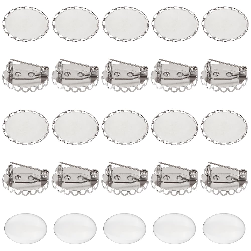 GOMAKERER 30 Sets Blank Brooches, 304 Stainless Steel Blank Cabochon Brooch Base Settings Brooch Pin Trays with Glass Cabochons for Wedding Jewelry Making DIY Crafts