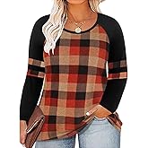 CARCOS Plus Size Tops for Women Long Sleeve Fall Tunic Color Block Camo/Plaid/Leopard/Fall Blouse Crewneck Tshirt XL-5XL