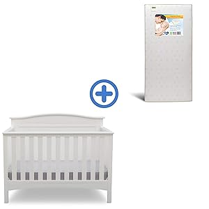 Delta Children Bennett 4-in-1 Convertible Baby Crib & Twinkle Stars Waterproof Fiber Core Crib and Toddler Mattress, Bianca White