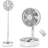 Foldable Fan - Foldaway Portable fans- Remote Control Hand Strap - LED Lighting - 7200mAh Battery Operated Portable Standing Fan, 4 Speed, Timer for Camping Travel , Outdoor, Home (White)
