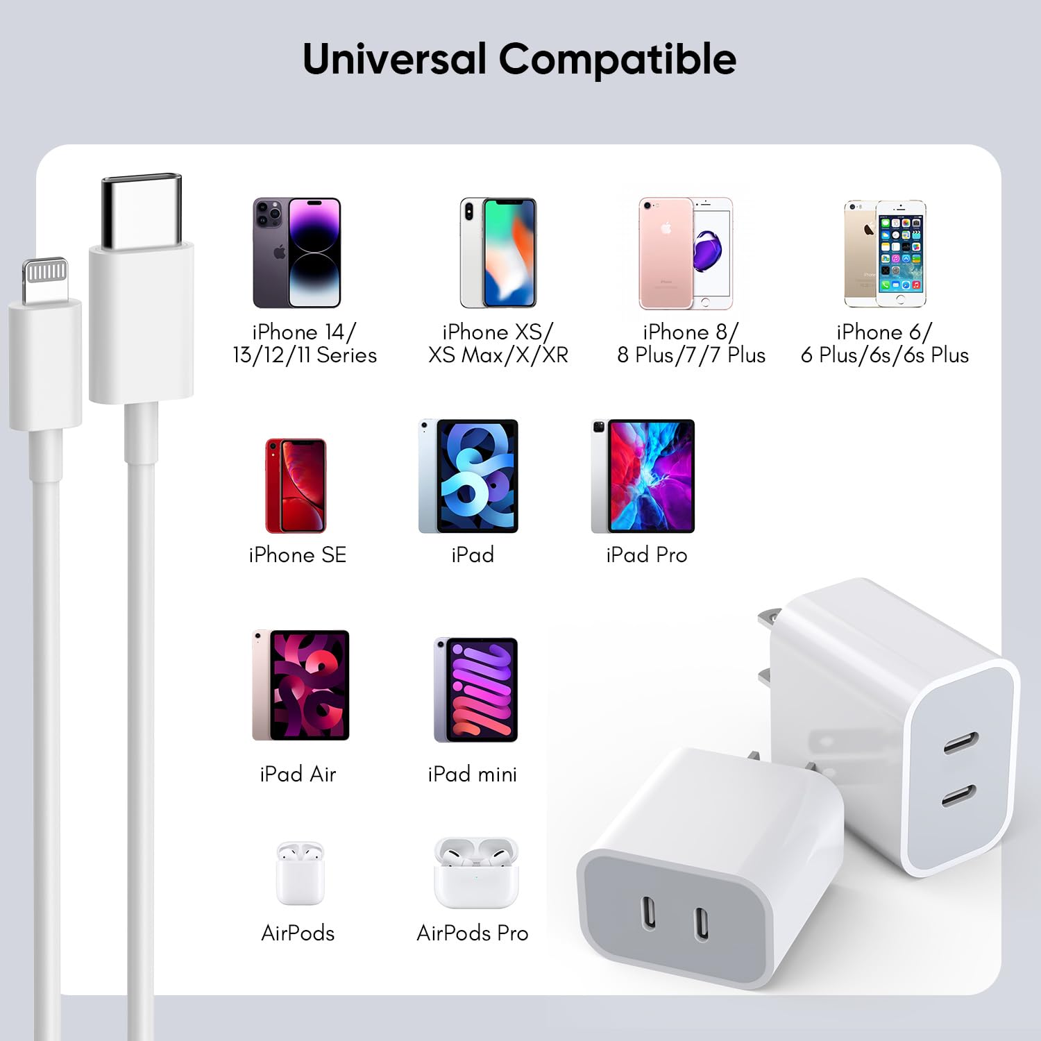 iPhone Charger [Apple MFi Certified] 2Pack PD Dual USB C Charger Block Fast Charging Wall Charge Plug with 10FT Long Rapid Type C - Lightning Cable Apple Charge for iPhone 14/13/12/11/XS/XR/SE, iPad