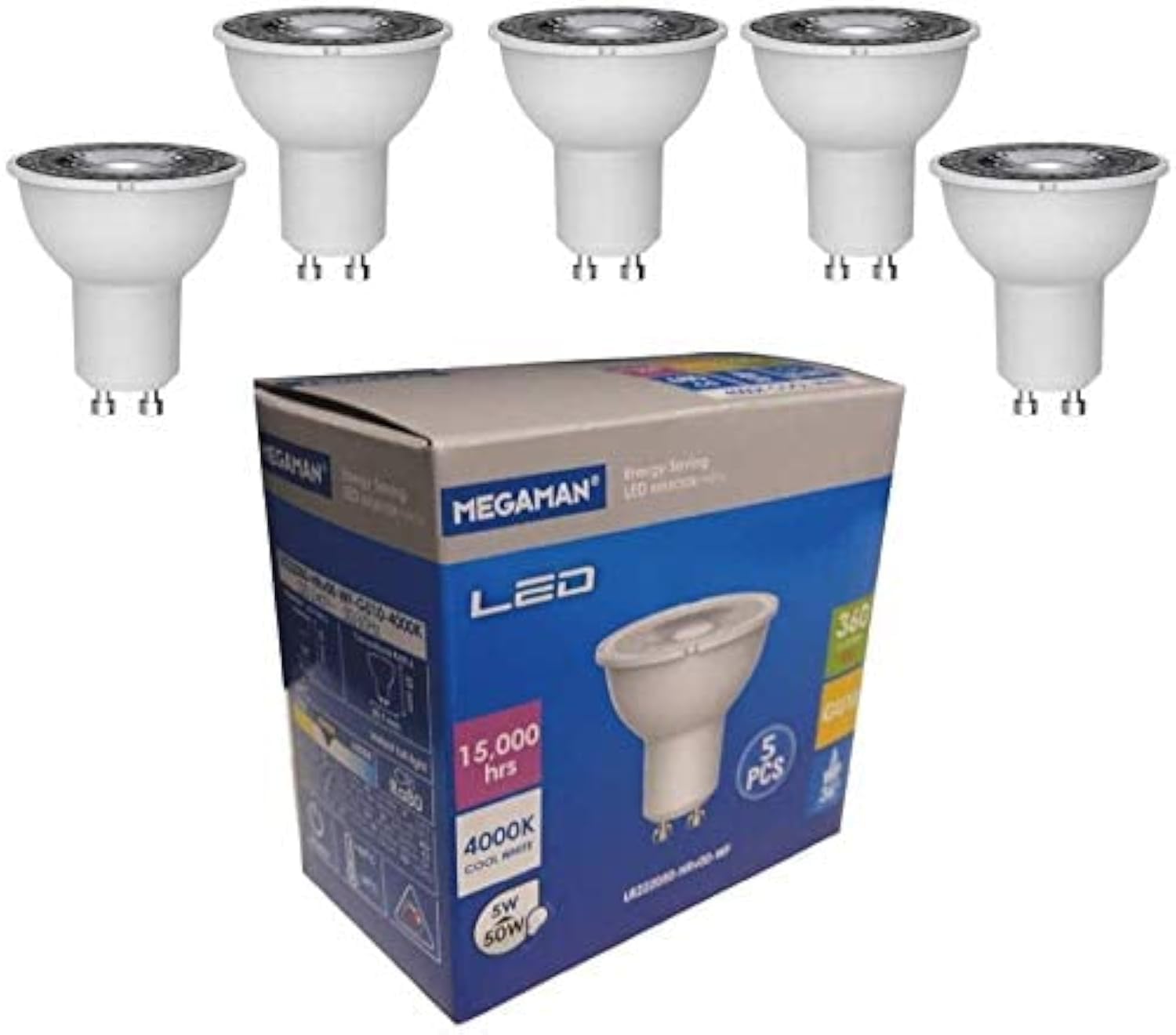 Megaman 5w LED GU10 PAR16 Lamp 5 Pack 36 Degree Kitchen Spotlight 710390 A+ (4000k cool white)