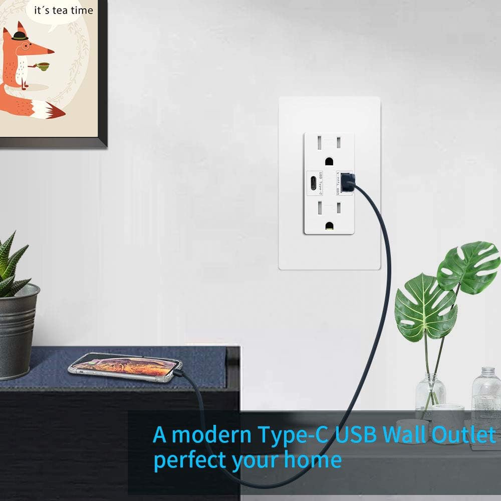 USB Type C Wall Outlet Dual High Speed Duplex Receptacle 15 Amp, Smart 4.8A Quick Charging Capability, Tamper Resistant Wall Plate Included UL Listed, Not for laptops, Type C 2 pack - - 