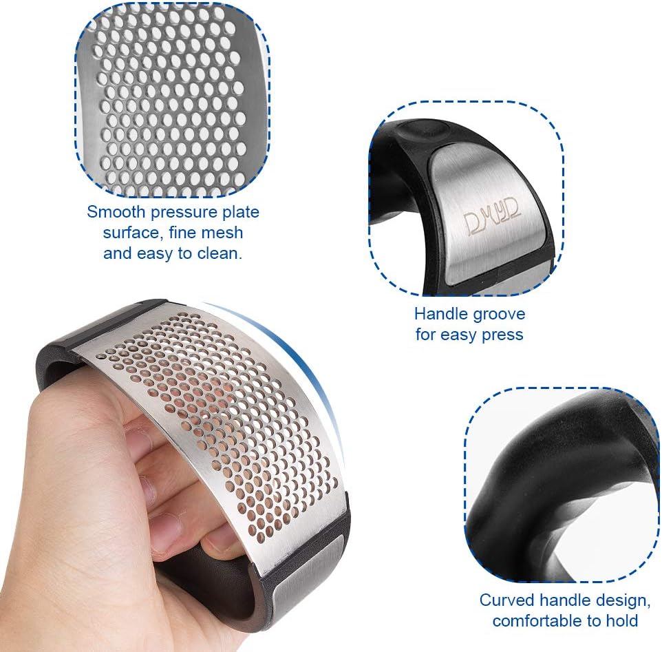 DXYD Garlic Press Rocker, New Kitchen Stainless Steel Garlic Mincer Crusher, Matching Stainless Steel Dessert Spoon and Silicone Roller Peeler and Cleaning Brush: Kitchen & Dining