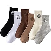 KAIGOBOX Womens 5 Pairs Cute Smile Face Cotton Mid Crew Socks Set - Funny Novelty Gift