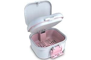 BVN Leakproof Denture Cup, Upgraded Carrying Storage, Denture Bath Box with Filter, Denture Cup for Soaking Dentures, Travel Retainer Cleaning Case (White+Pink).