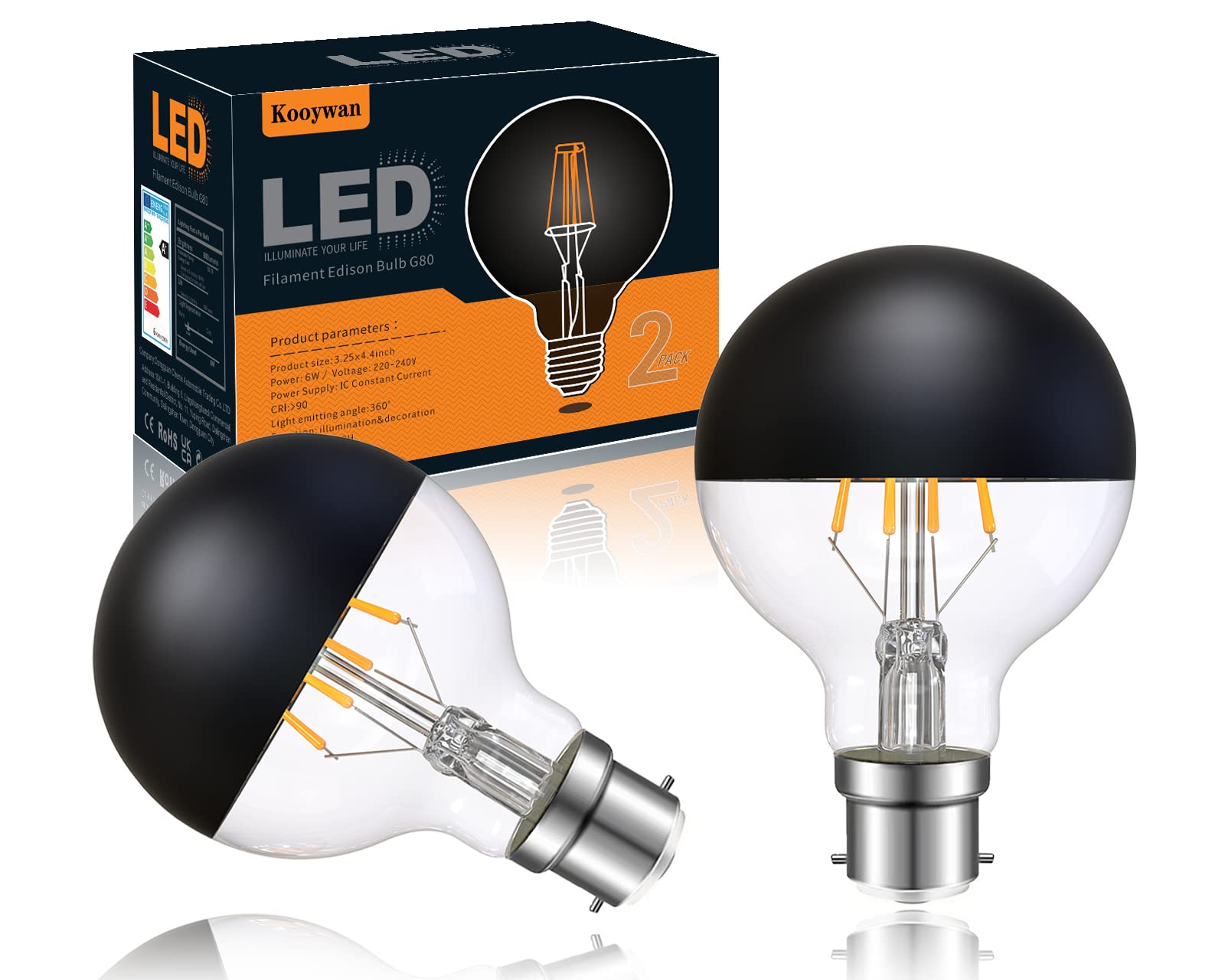 KOOYWAN Half Chrome Black Light LED Bulb B22 Bayonet 2700K Warm White Crown Mirror G80/G25 Globe Dimmable Decorative LED Edison Bulb 6W(60 Equivalent) Pack of 2 — image 1