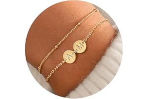 Turandoss Two Initial Bracelet for Women Trendy, Dainty 14K Gold Plated 2 Initial A-Z Disc Stacked Layered Bracelet Set Personalized Friendship Gifts Jewelry for Women Girls