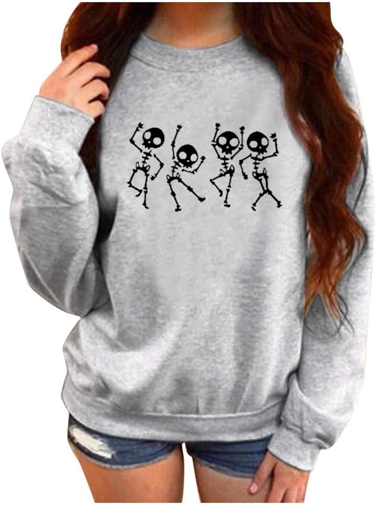 Whycat Skull Dance Crew Neck Sweatshirt Women, Long Sleeve Pullover Sweatshirt, Solid Colour Winter Gothic School College Girl Sweatshirt Tops