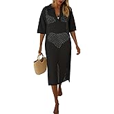 Fisoew Womens Crochet Swimsuit Coverup Summer Hollow Out Short Sleeve V Neck Bikini Coverups Vacation Beach Maxi Dress