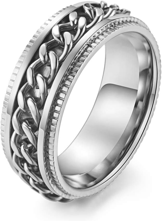 ALEXTINA Men's Women's 8MM Stainless Steel Chain Spinner Ring Wedding Band (Size 7-12)