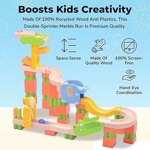 Wooden Marble Run for Kids Ages 4-8-Kids Marble Track Run, 65