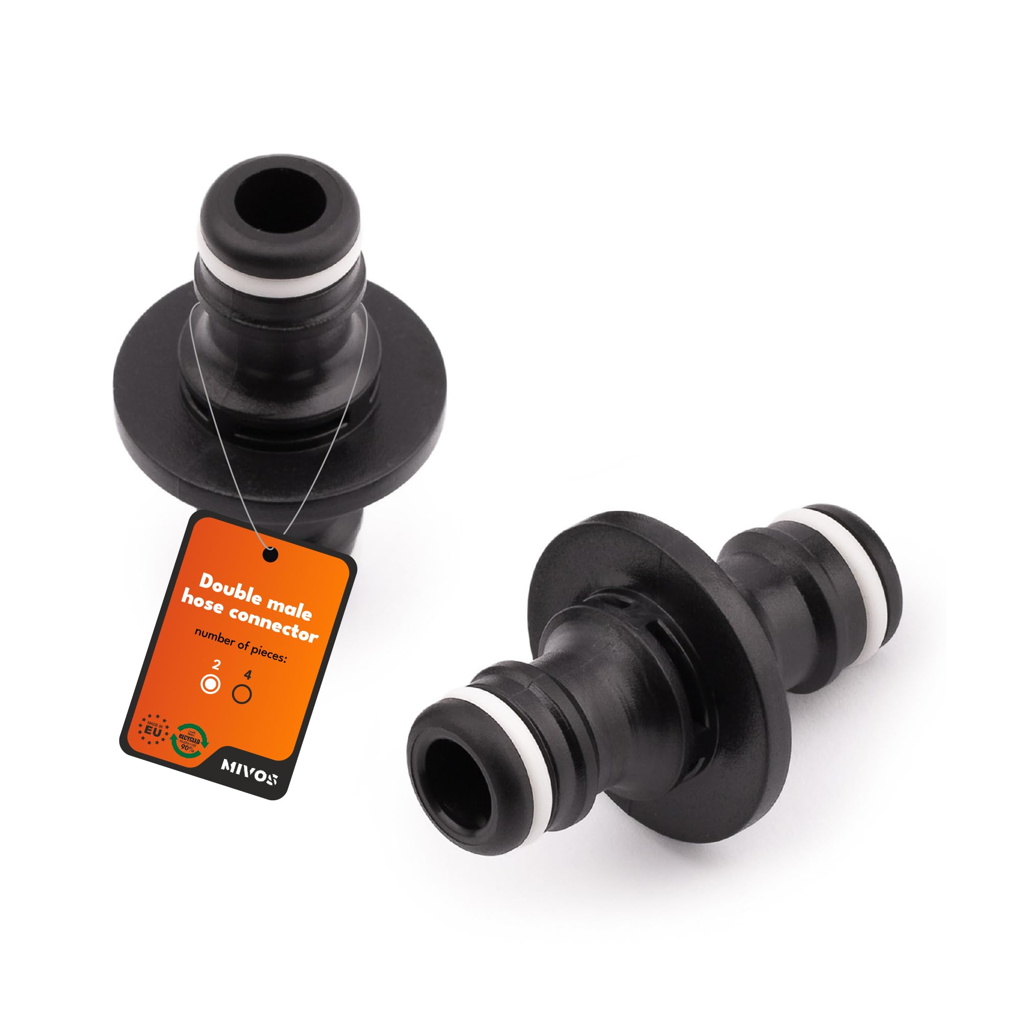 MIVOS 2 x hose connectors for connecting water hoses with mounted quick couplings, hose coupling for hose extension, made from 90% recycled plastic, made in the EU