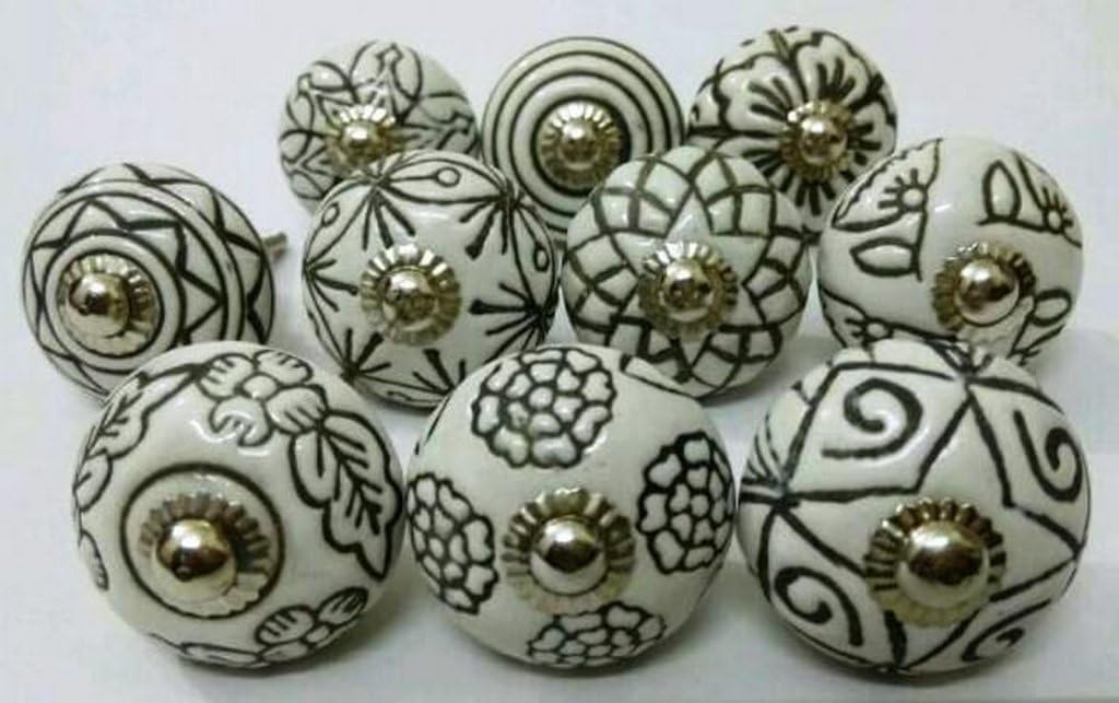 Indian Knobs 10 White Vintage Look Hand Carved Ceramic Door Knobs Kitchen Cabinet Knobs