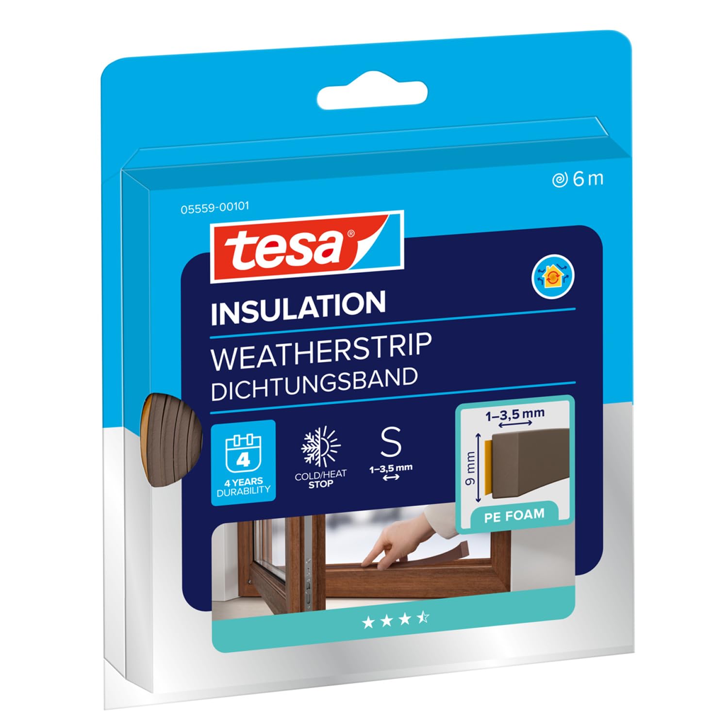 tesamoll Standard I-Profile - Foam Sealing Tape for Insulating Gaps in Home Windows and Doors, Self-Adhesive - Brown, 6 m x 9 mm x 4 mm