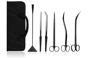 KNR HARMONY Aquascaping Tools 7 in 1 Kit Aquarium Plant Scissors Tools Set Curved & Waved Scissor Tweezers Spatula Stainless Steel Anti Rust Tools for Aquascape Black