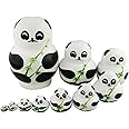 Set of 10 Cute Giant Panda Bear with Green Bamboo Nesting Dolls Matryoshka Animal Russian Handmade Kids Girl Surprise Christmas Holiday Birthday Toy Home Office Decoration
