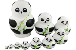 WINTERWORM Set of 10 Cute Giant Panda Bear with Green Bamboo Nesting Dolls Matryoshka Animal Russian Handmade Kids Girl Surprise Christmas Holiday Birthday Toy Home Office Decoration