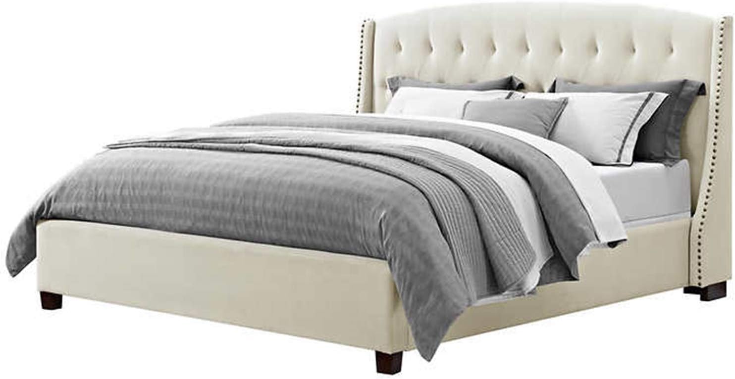 Upholstered Bed Base. Sturdy Wood Frame Upholstered Bed Base with Wingback Upholstered Headboard