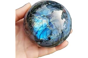 AIERCRYSTAL Natural Crystal Ball Orange Moonstone Polished Divination Ball Decorative Sphere with Wood Stand Healing Crystals Ball Healing Stone (50-60mm, Labradorite)