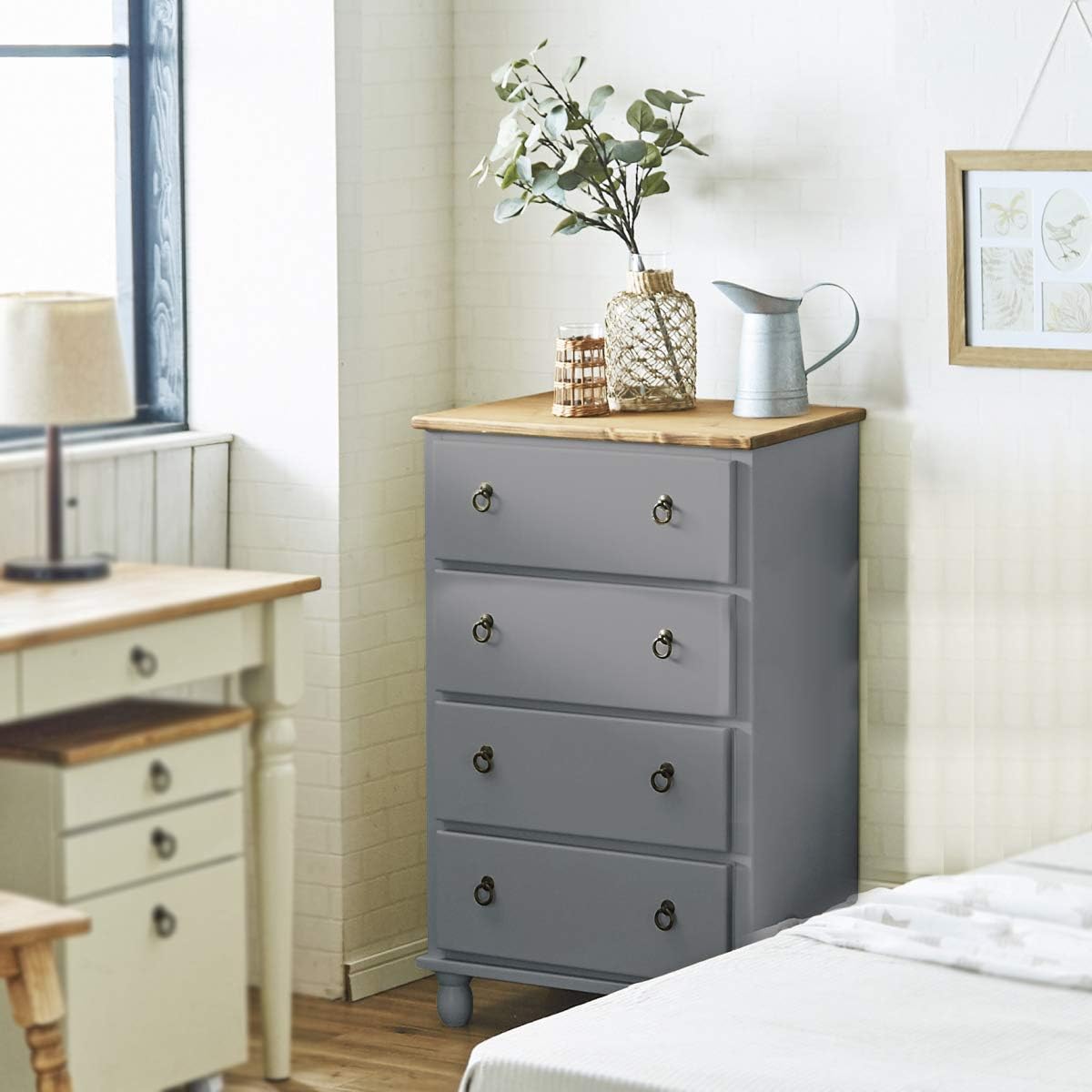 Amazon Co Jp フレンチカントリー家具 チェスト 4引出 完成品 幅60 ブルーグレー 手作り ナチュラル 北欧カントリー風 カントリー調 ホーム キッチン
