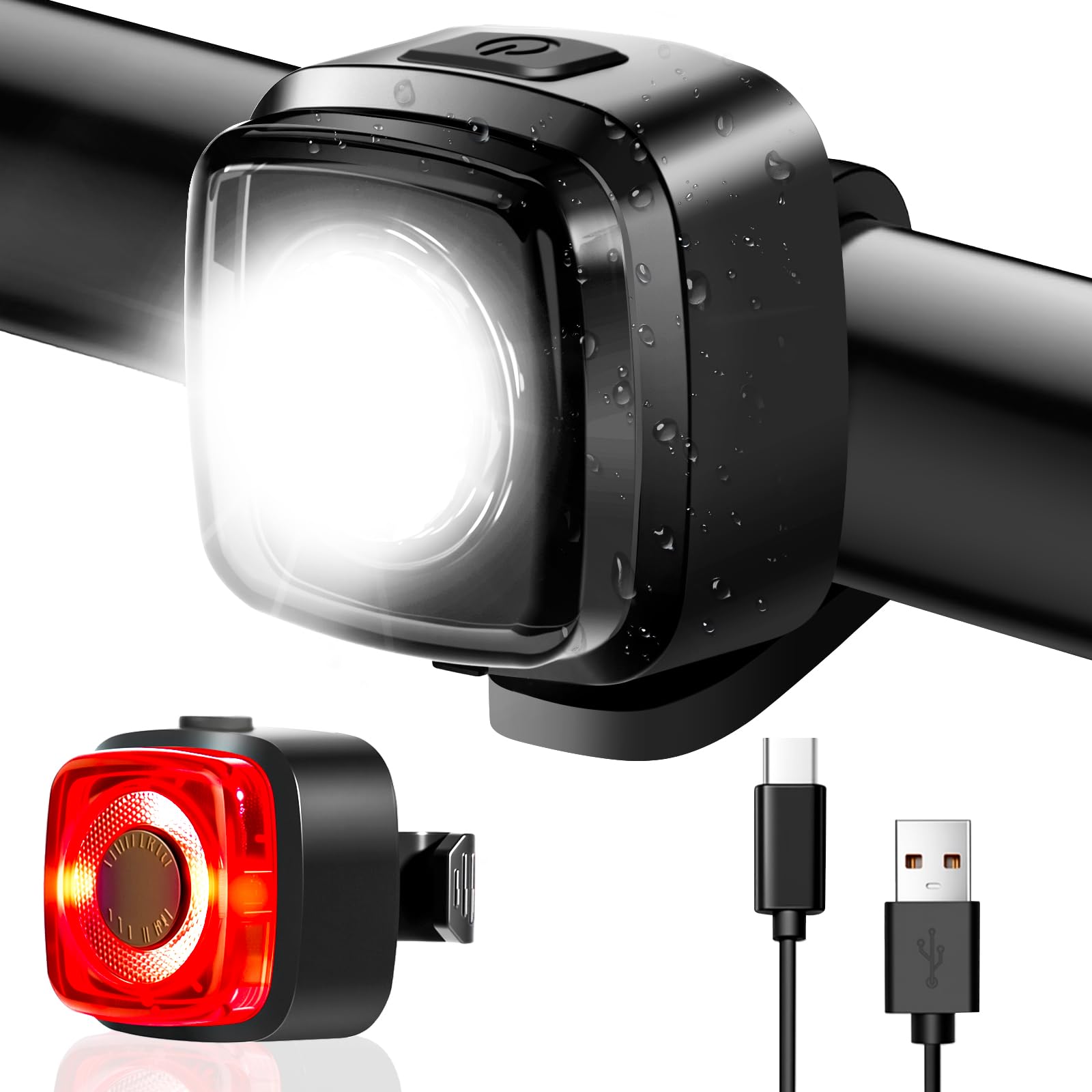 SPGOOD LED Bike Light Set USB Rechargeable,300 Lumens Light IPX5 Waterproof -Front Light +Tail Light Bicycle Lights Set for all bicycles, mountain bikes, road bikes