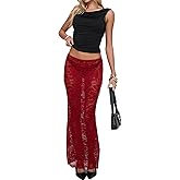 ICNGLKSND Women's Y2K Lace Sheer Skirt High Rise Floral Mesh Long Skirt Bodycon See Through Crop Skirt A Line Beach Outwear